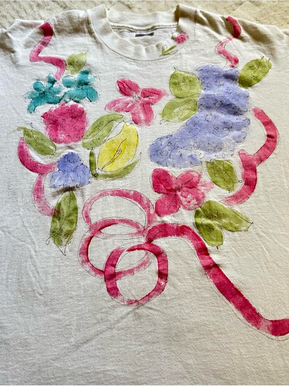 Vintage 1990s Floral Watercolor Tee - White with Pink & Pastel Accents L